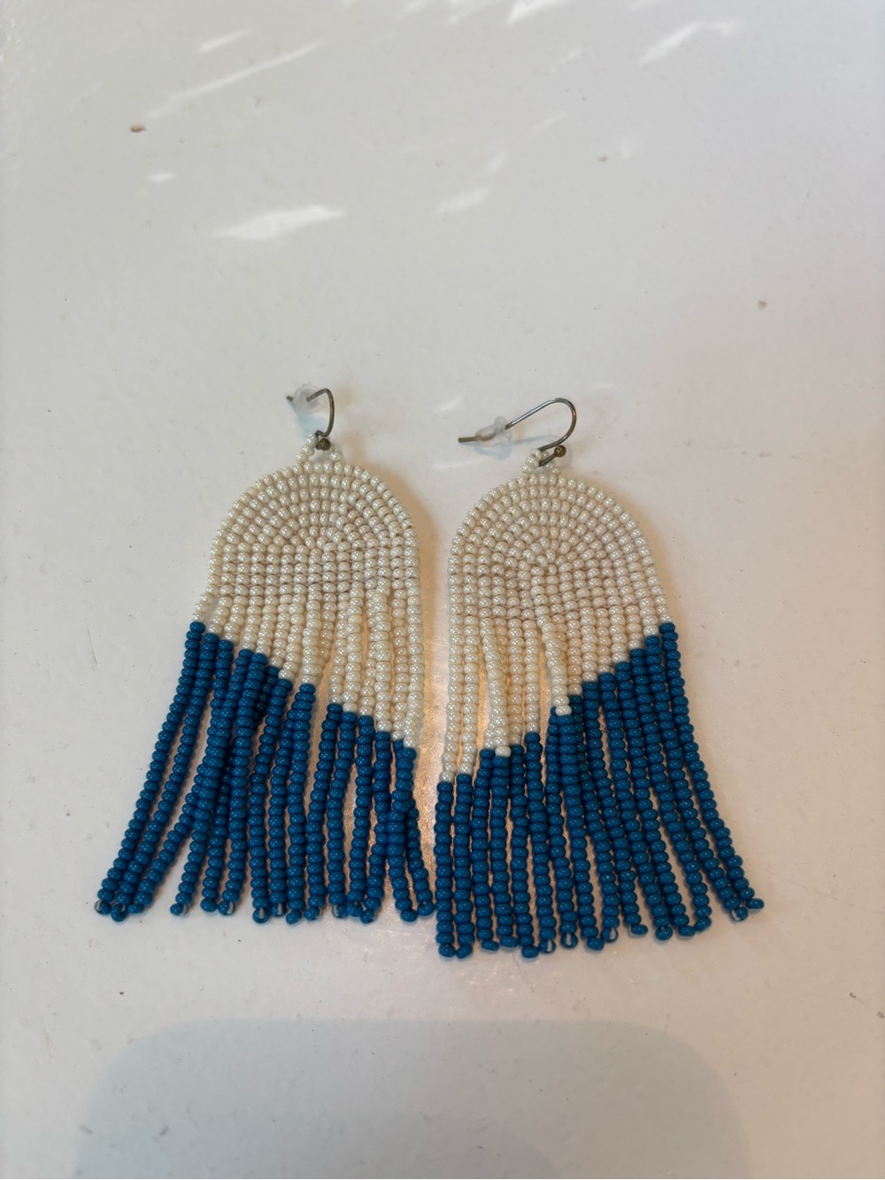Noonday Collection Ensign Handcrafted White and Blue Beaded Fringe Earrings